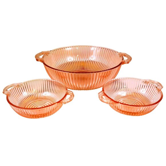 Anchor Hocking Other - Anchor Hocking Queen Mary Pink 2-Handle Serving & Berry Bowl Set - 1930s Glass